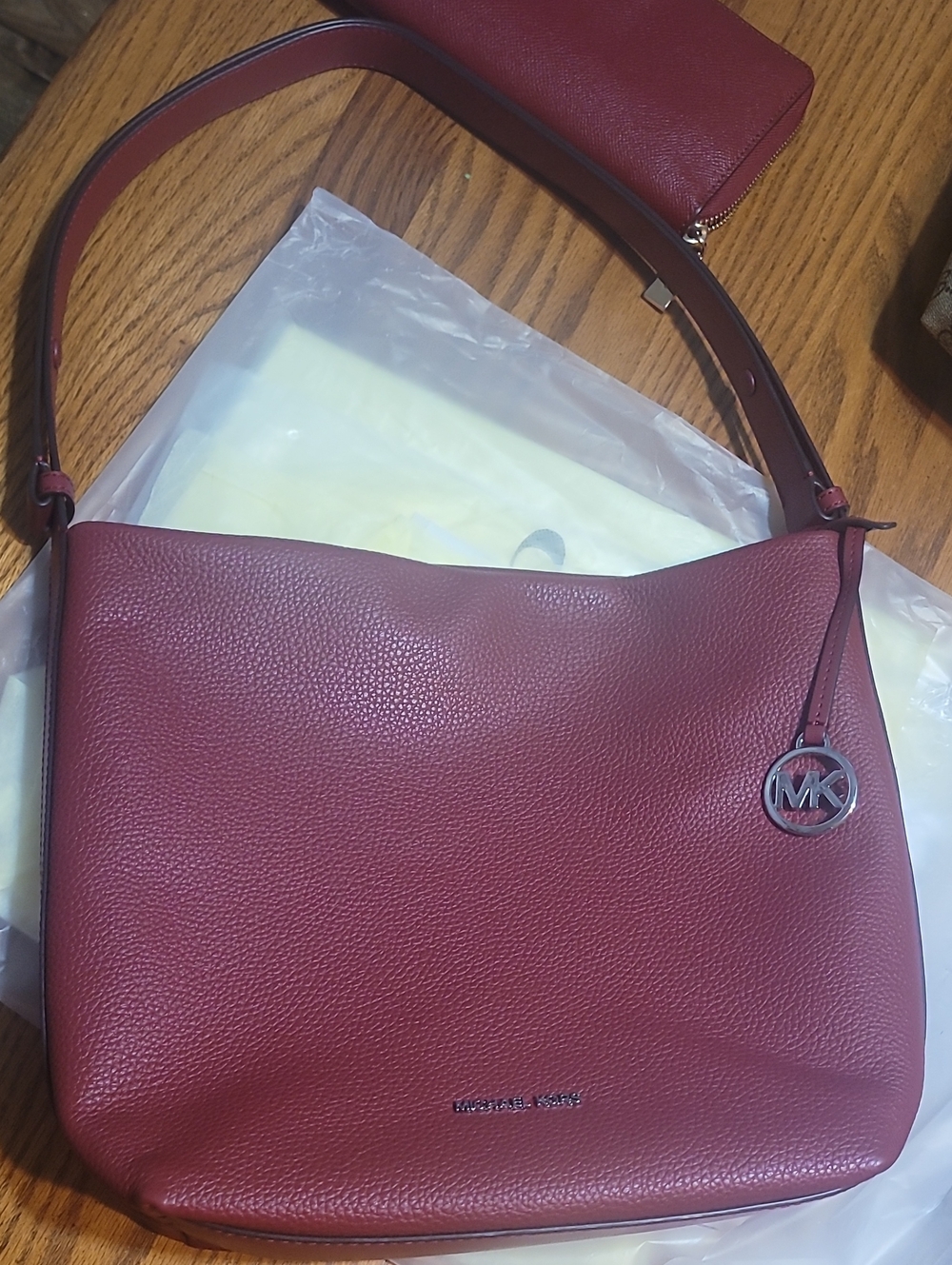 Michael Kors Burgundy Pebbled Leather Shoulder Bag with MK Charm